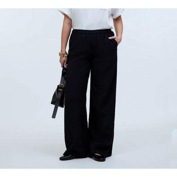 Madewell Womens Pull-On Wide Leg Pants Elastic Waist Softdrape Black Large NEW - Picture 1 of 9